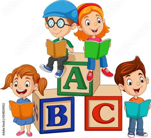 Cartoon kids reading and sitting on alphabet blocks