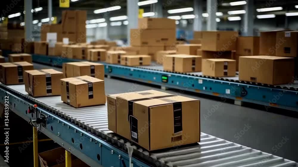 A video showcasing a factory setting with a low-angle view of conveyor belts moving cardboard boxes, emphasizing industrial efficiency and automation. A video showcasing a factory setting with a low-angle view of conveyor belts moving cardboard boxes, emphasizing industrial efficiency and automation.