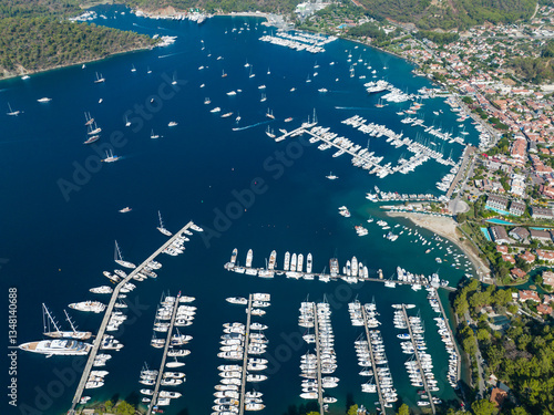 Fototapeta Naklejka Na Ścianę i Meble -  Gocek Island and Gocek Marina Drone Photo, Gocek Fethiye, Mugla Turkiye (Turkey)