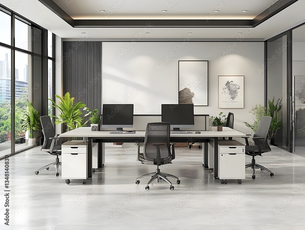 A modern spacious office features two large desks with ergonomic chairs, plants, and large offe ample natural light. A modern spacious office features two large desks with ergonomic chairs, plants, and large offe ample natural light.