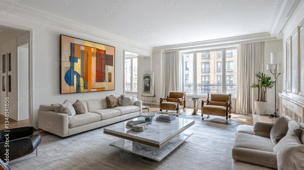 Fototapeta premium Spacious, modern living room with art and natural light