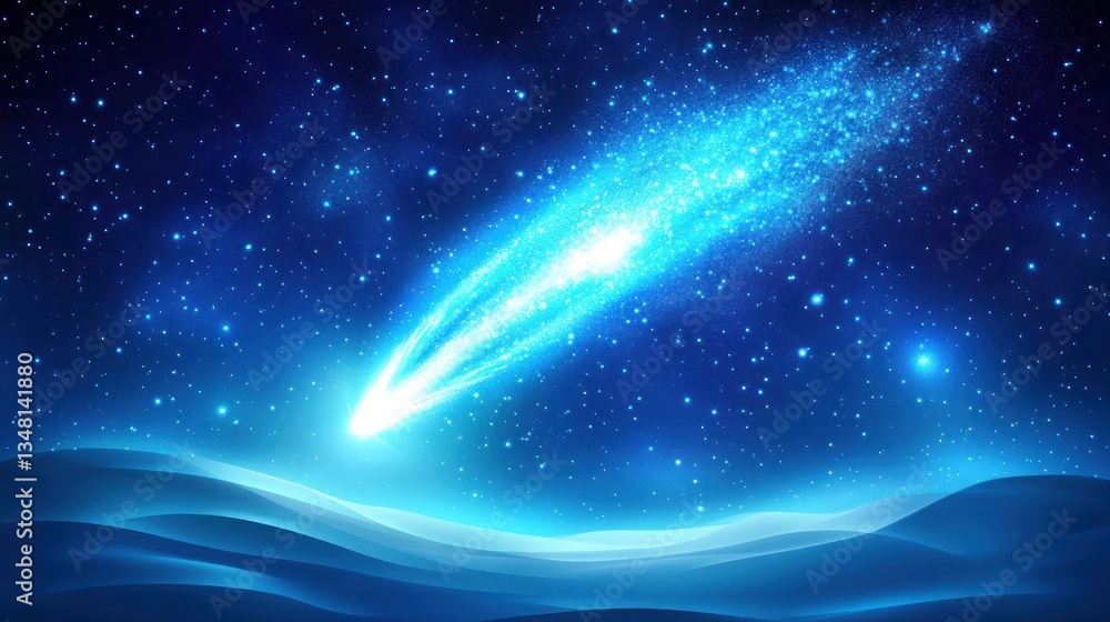 A bright blue comet streaks across a starry night sky, its tail illuminating a dark, rolling landscape A bright blue comet streaks across a starry night sky, its tail illuminating a dark, rolling landscape