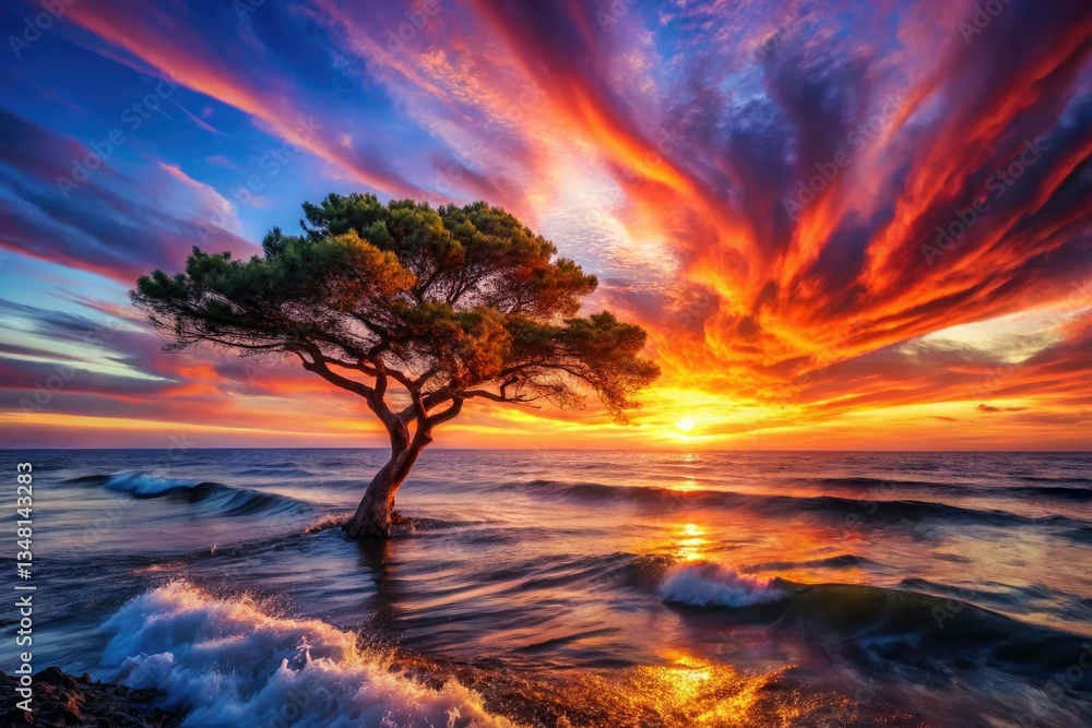 Lone tree silhouetted against a surreal sunset, mystical ocean waves crashing beneath a dramatic sky.