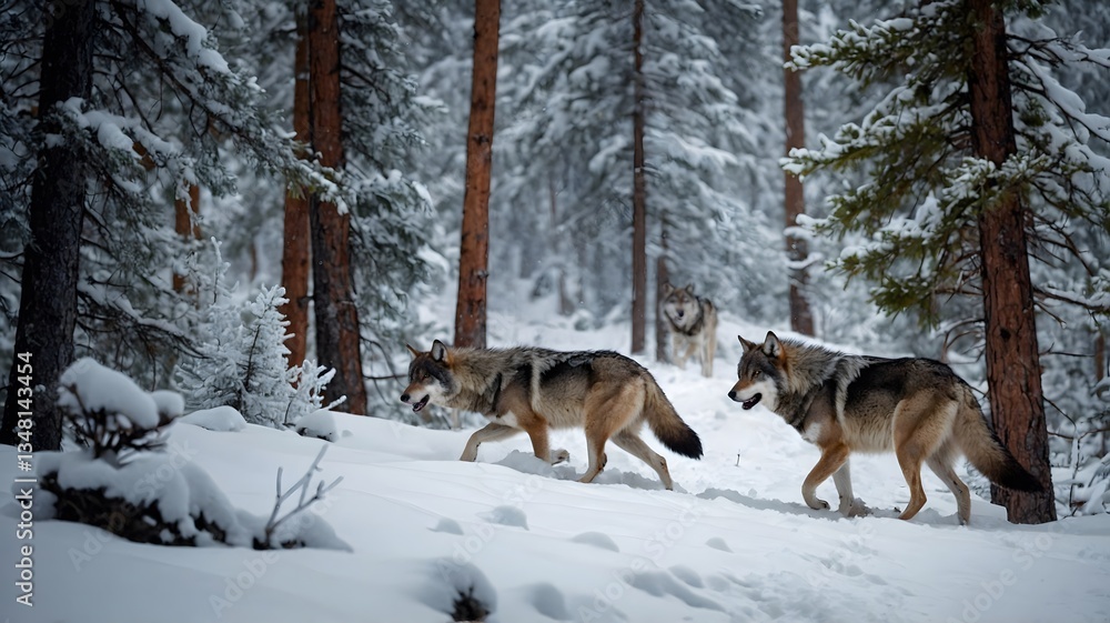 Pack of Northern Rocky Mountain Wolves Moving Through Snowy Wilderness Pack of Northern Rocky Mountain Wolves Moving Through Snowy Wilderness