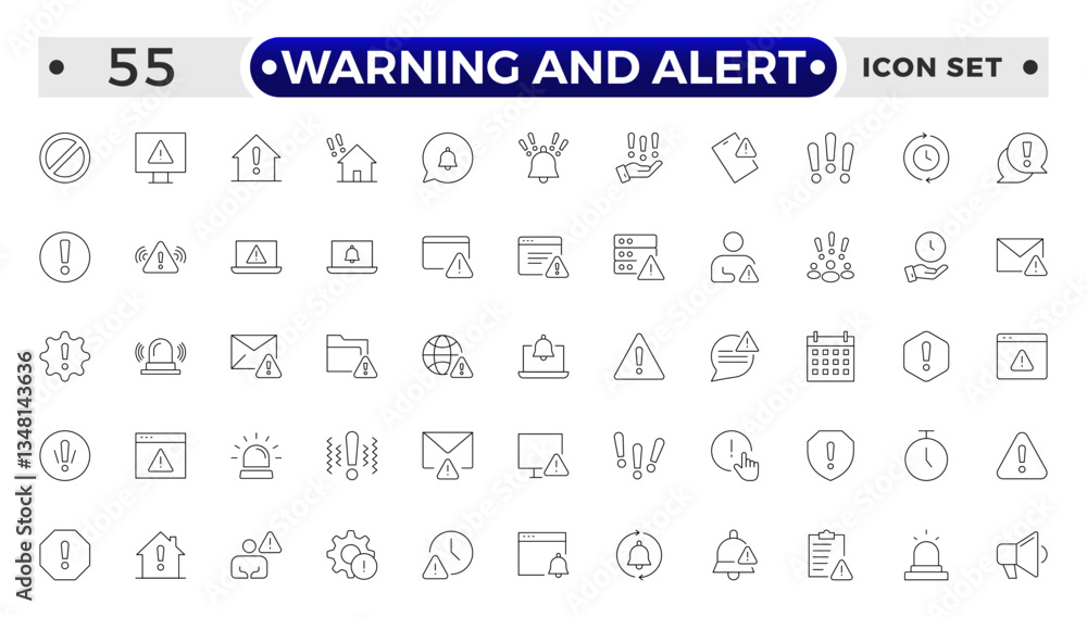 Warning and risk. Set of line icons in linear style. Warning exclamation mark, attention, danger, notice, stop. Alerts and Warning outline icon collection. Warning and risk. Set of line icons in linear style. Warning exclamation mark, attention, danger, notice, stop. Alerts and Warning outline icon collection.