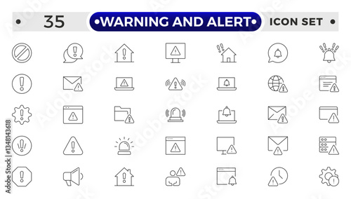 Warning and risk. Set of line icons in linear style. Warning exclamation mark, attention, danger, notice, stop. Alerts and Warning outline icon collection.