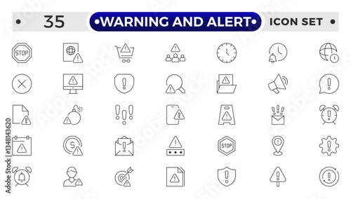 Warning and risk. Set of line icons in linear style. Warning exclamation mark, attention, danger, notice, stop. Alerts and Warning outline icon collection.