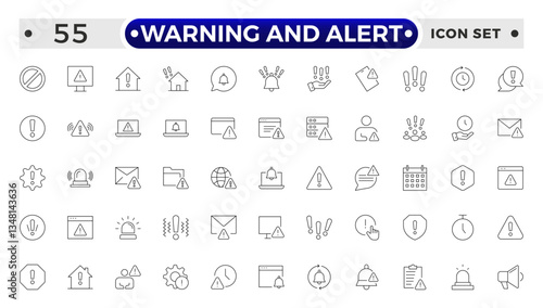 Warning and risk. Set of line icons in linear style. Warning exclamation mark, attention, danger, notice, stop. Alerts and Warning outline icon collection.