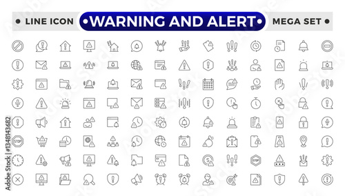 Warning and risk. Set of line icons in linear style. Warning exclamation mark, attention, danger, notice, stop. Alerts and Warning outline icon collection.