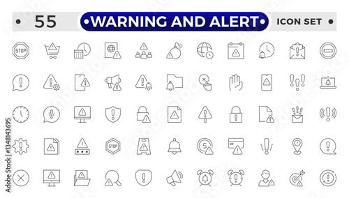 Warning and risk. Set of line icons in linear style. Warning exclamation mark, attention, danger, notice, stop. Alerts and Warning outline icon collection.