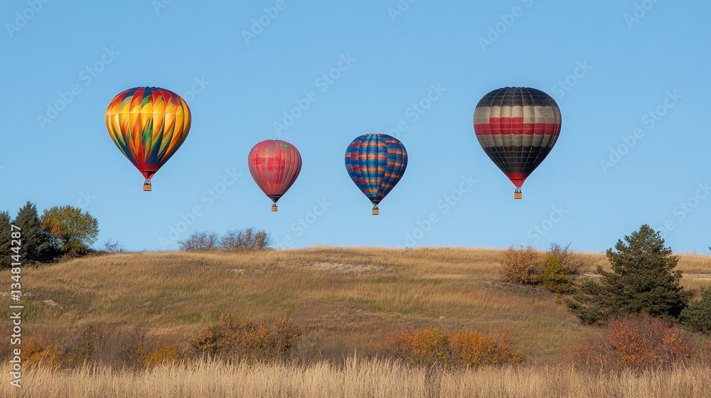 Obraz premium Four brightly colored hot air balloons float in the sky above a grassy hill
