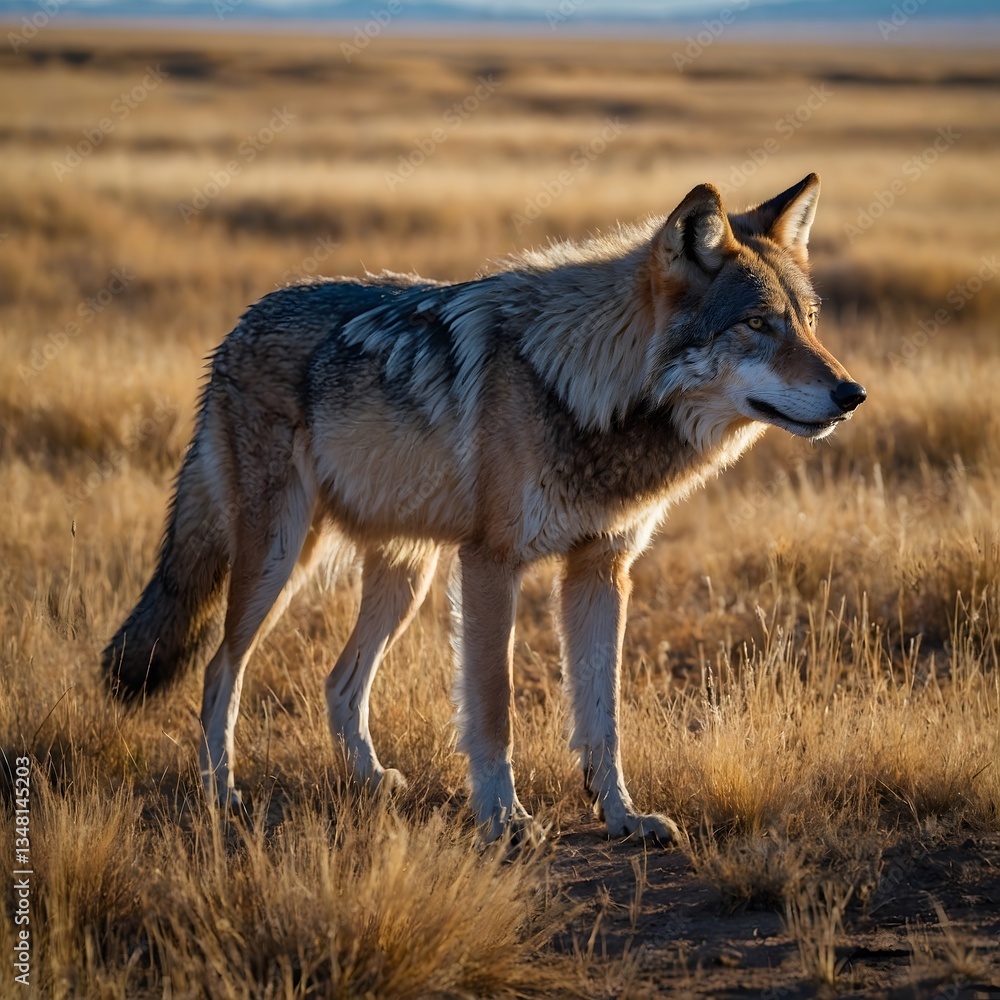 Naklejka premium Steppe Wolf Standing Strong on Wind-Swept Plain
