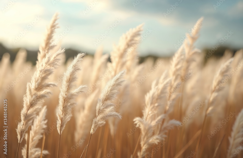 Obraz premium Soft fluffy pampas grass in sunny light. Natural background with dry reeds in boho style. Beige, brown, white colors. Eco friendly, sustainable minimalist design for wallpaper.
