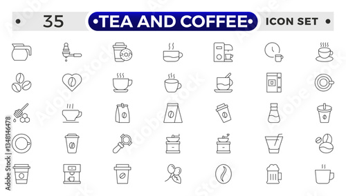 Tea and Coffee outline icon set. coffee icons Pixel perfect. coffee, mug, coffee cup, coffee machine, coffee beans, etc.