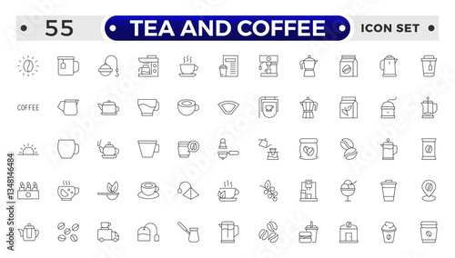 Tea and Coffee outline icon set. coffee icons Pixel perfect. coffee, mug, coffee cup, coffee machine, coffee beans, etc.