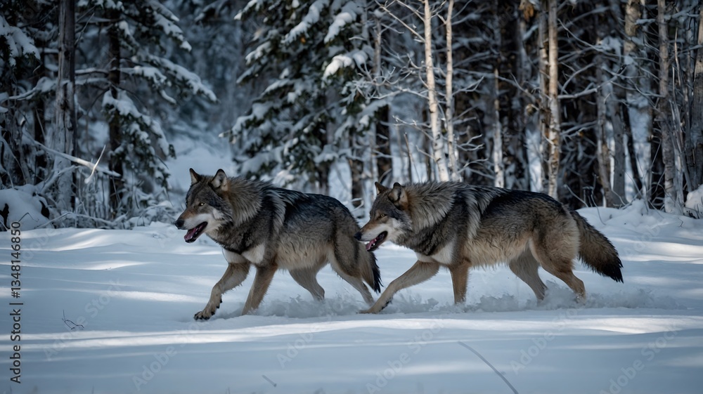 Fototapeta premium Wild Pack of Mackenzie River Wolves Moving Swiftly Through the Snowy Forest
