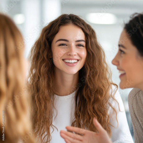 Wallpaper Mural Young Woman Smiling and Engaging in Friendly Conversation with Friends Torontodigital.ca