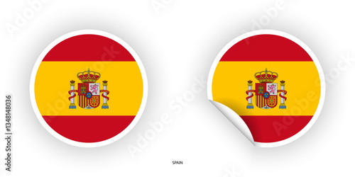 Spain sticker flag in circle shape and circle peeled shape on white background. Spain flag icon in circular form
