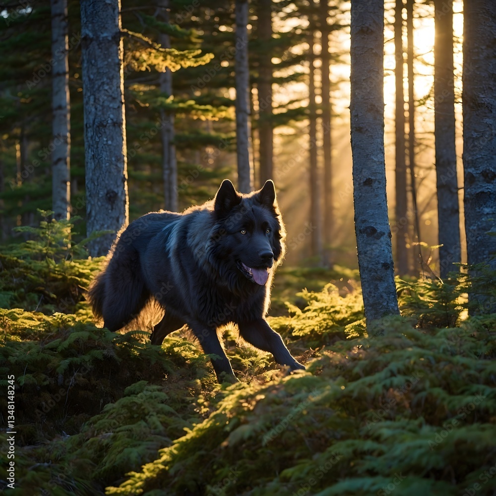 Fototapeta premium Majestic Newfoundland Wolf Sprinting Through Forest as Dusk Settles