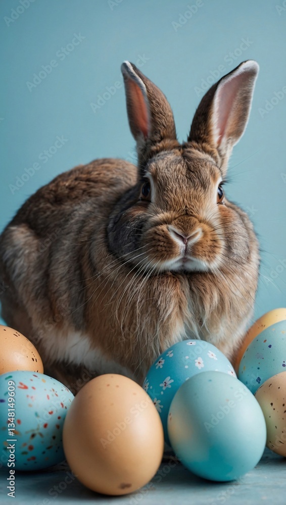 Large-eared rabbit surrounded by Easter eggs on a light blue background Large-eared rabbit surrounded by Easter eggs on a light blue background