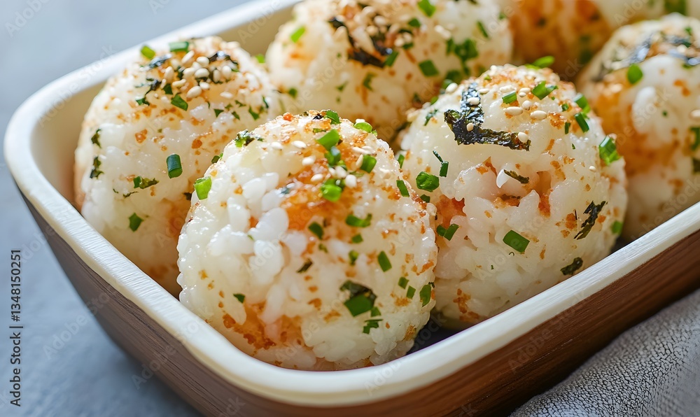 rice balls sprinkled with furikake seasoning made of dried salmon flakes, Generative AI rice balls sprinkled with furikake seasoning made of dried salmon flakes, Generative AI