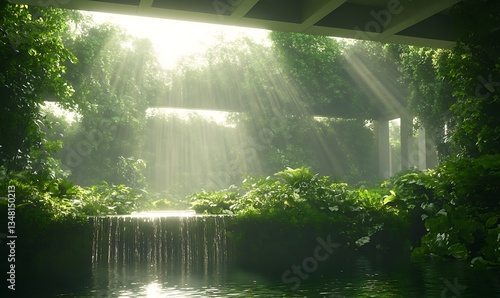 Lush greenery with sunlight streaming through a modern structure, creating a serene, tranquil atmosphere by water.