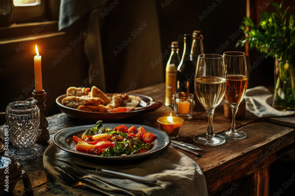 A festive Christmas dinner table with wine, salad, seafood, cheese, and fresh vegetables, featuring red and white colors and a healthy, delicious spread for a cozy meal A festive Christmas dinner table with wine, salad, seafood, cheese, and fresh vegetables, featuring red and white colors and a healthy, delicious spread for a cozy meal
