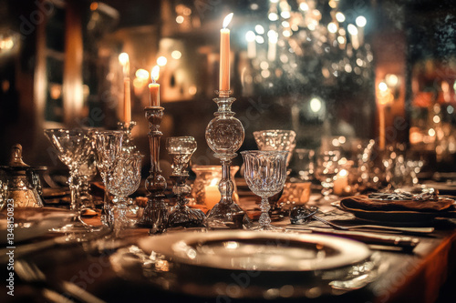 A glass of wine with wine glasses on a table surrounded by candles, crystal, and festive decorations, perfect for a wedding or Christmas celebration with elegant lighting and a luxurious atmosphere