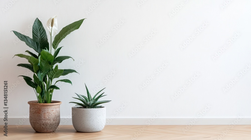 Two houseplants, peace lily and succulent, on a light beige floor, against a plain white wall Two houseplants, peace lily and succulent, on a light beige floor, against a plain white wall