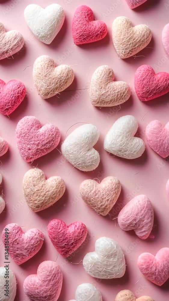Top-down video of textured, pastel-colored heart shapes on a pink background, creating a soft, romantic aesthetic with a playful vibe. Live mobile wallpaper. Top-down video of textured, pastel-colored heart shapes on a pink background, creating a soft, romantic aesthetic with a playful vibe. Live mobile wallpaper.