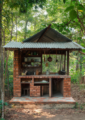 Old wooden house in the forest surrounded by nature and trees with traditional architecture, reflecting Asian and Japanese influences, blending into the natural environment