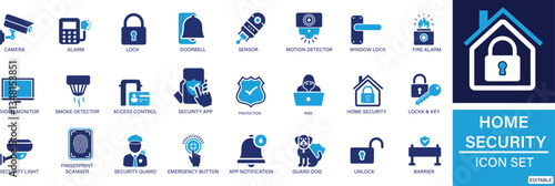 home security icon set featuring alarm, camera, lock, key, alarm, assistance, smart, home, surveillance, protection, access control, and safety symbols for residential security design.