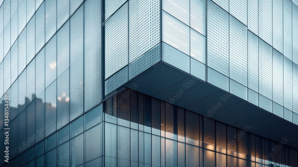 Fototapeta premium Modern Commercial Building Detail: Glass Facades, Metal Accents, Geometric Patterns, Innovation, Sophistication, Professionalism, Light and Shadows, Technology, Progress, Urban Development