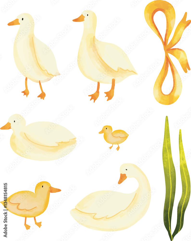 Fototapeta premium Watercolor illustration set of cute duck in different poses isolated on white background. Bright, Duck illustration in a children's watercolor style. Duck with Baby Watercolor Clip Art, cute duck
