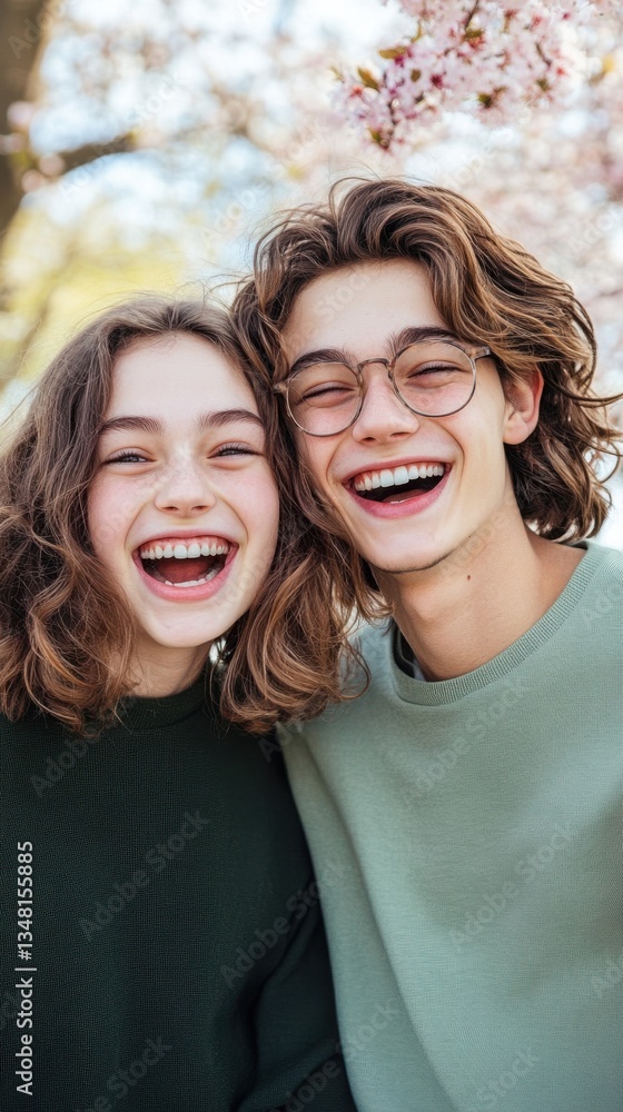 Obraz premium Young joyful friends smiling under cherry blossom trees outdoors