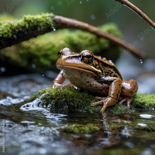 Wood Frog Leaping Across Stream, Creating Droplets and Landing on Mossy Stones