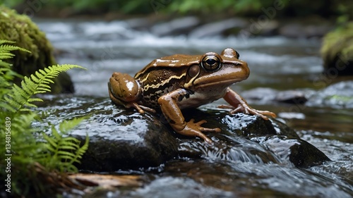 Wood Frog Perched on Wet Rock by Flowing Creek, Surrounded by Ferns