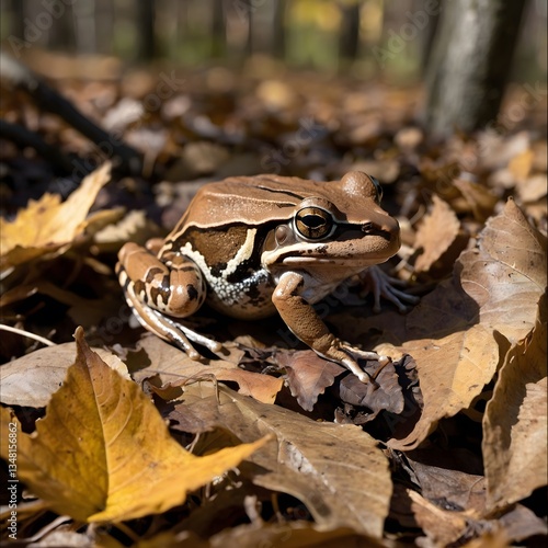 Detailed Close-Up of Wood Frog Resting on Mossy Log Near Forest Stream with Unique Facial Markings