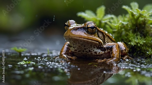 Serene Wood Frog Resting in a Puddle, Framed by Lush Moss and Vibrant Forest Vegetation
