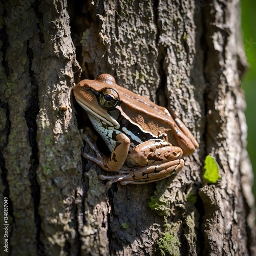 Wood Frog Hiding in Tree Crevice in the Shade on a Hot Summer Day