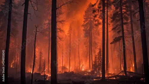 Fototapeta Naklejka Na Ścianę i Meble -  A dramatic scene of a forest fire at night,