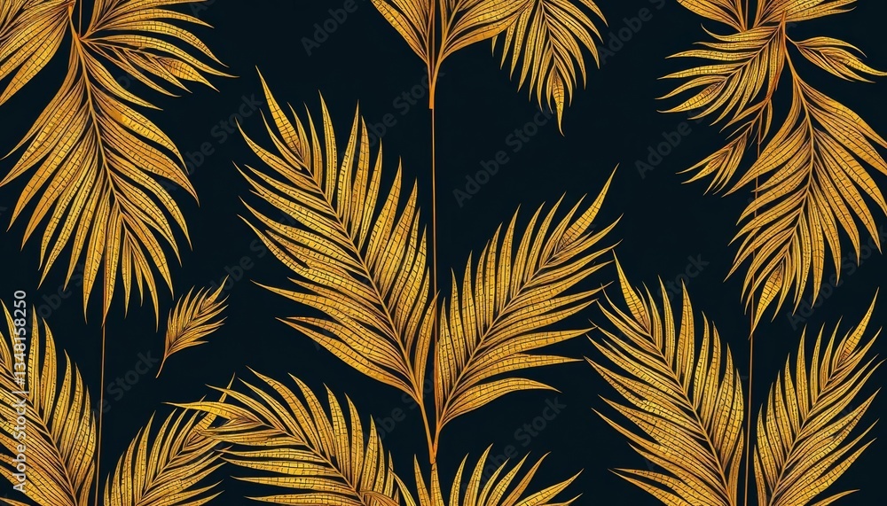 Intricate gold Art Deco palm leaf pattern, seamless repeat, metallic, plant Intricate gold Art Deco palm leaf pattern, seamless repeat, metallic, plant