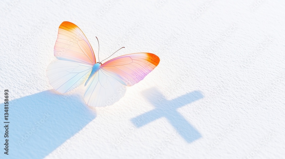 Rainbow Butterfly Cross, vibrant butterfly with rainbow wings on a white textured surface, sunlight casts a spiritual cross, embodying hope, unity, and transformation. Rainbow Butterfly Cross, vibrant butterfly with rainbow wings on a white textured surface, sunlight casts a spiritual cross, embodying hope, unity, and transformation.
