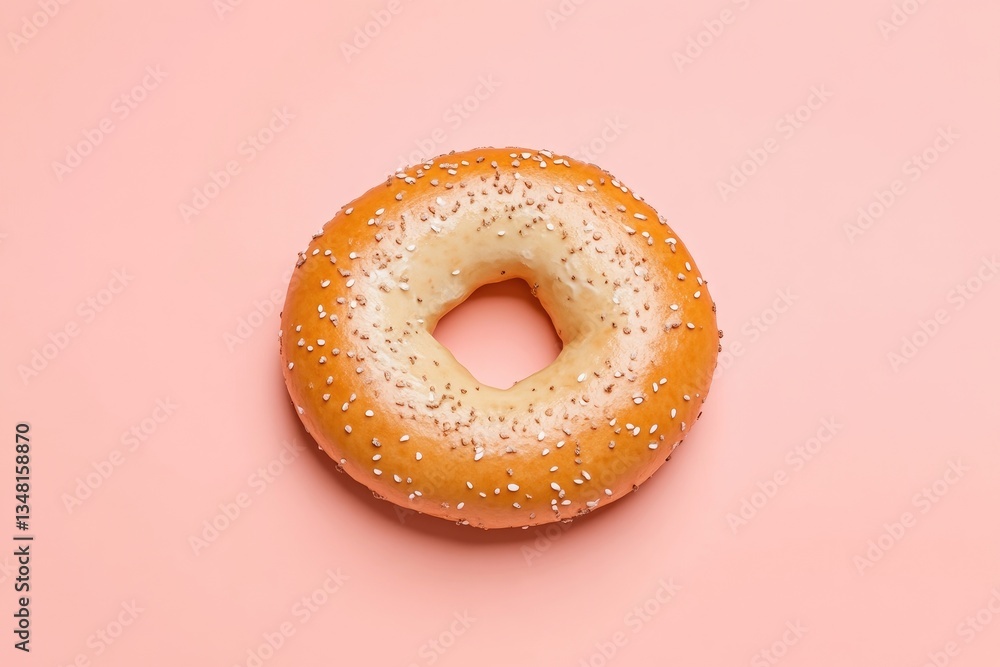 Single bagel on a pink background. A golden-brown bagel with sesame seeds, perfectly round and whole, sits atop a bright, pastel pink surface Single bagel on a pink background. A golden-brown bagel with sesame seeds, perfectly round and whole, sits atop a bright, pastel pink surface