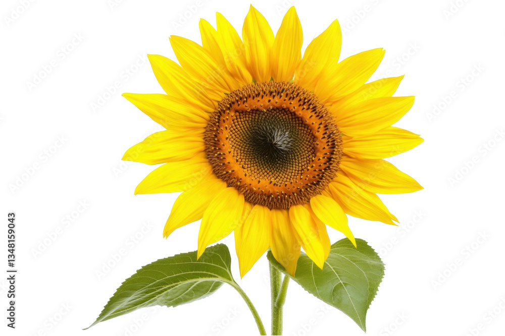 Fototapeta premium Bright Yellow Sunflower with Lush Green Leaves on a Transparent Background