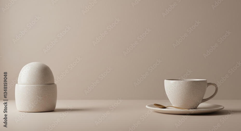 Minimalist Ceramic Tea Set with Spoon on Beige Background for Elegant Home Decor and Design Inspiration. Minimalist Ceramic Tea Set with Spoon on Beige Background for Elegant Home Decor and Design Inspiration.