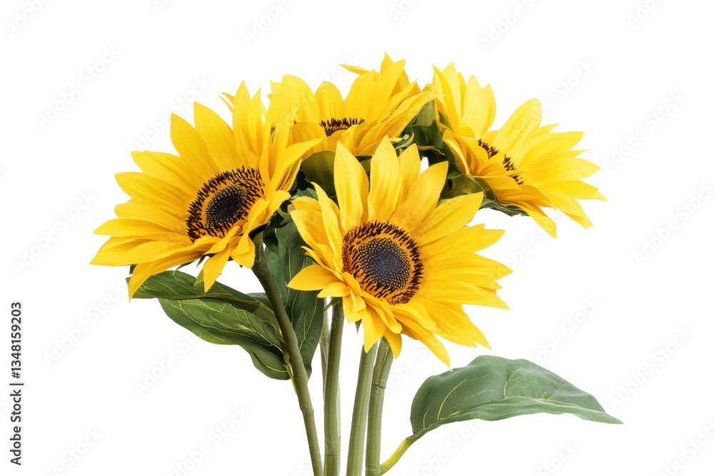 Fototapeta premium Bright Yellow Sunflowers with Green Leaves on Transparent Background for Floral Decor and Design