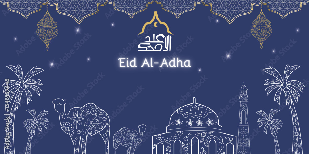 Fototapeta premium Eid Al adha concept background greeting card Illustration. Adha Mubarak arabic islamic festival design background template with line art and calligraphy.
