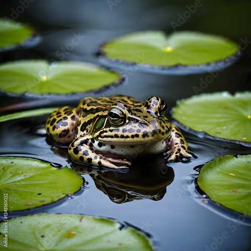 Close-Up of Northern Leopard Frog Resting on Lily Pad in Tranquil Pond