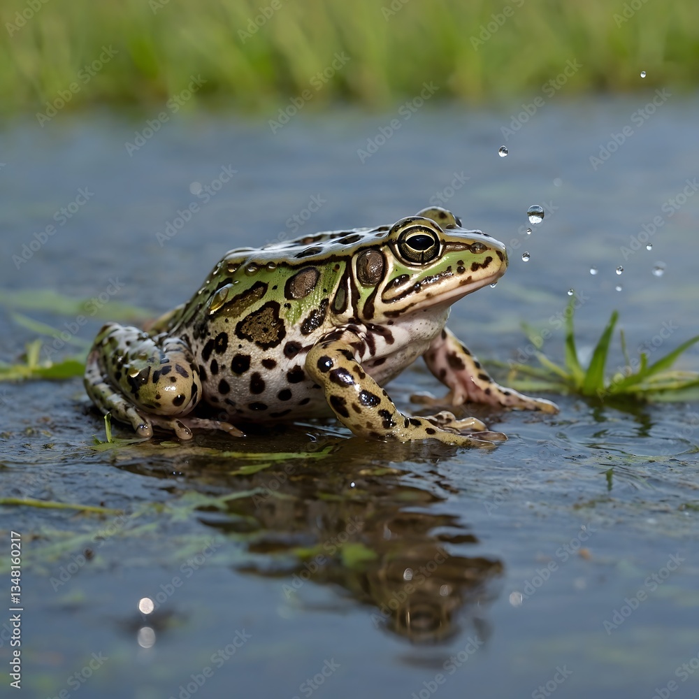 Obraz premium Energetic Northern Leopard Frog Leaping Through Grassy Terrain Adjacent to Wetland